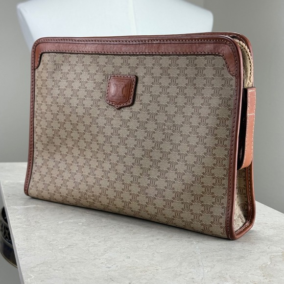 Vintage Celine Macadam Clutch Bag, Tan Leather Trimmed Zippered - Picture 1 of 11